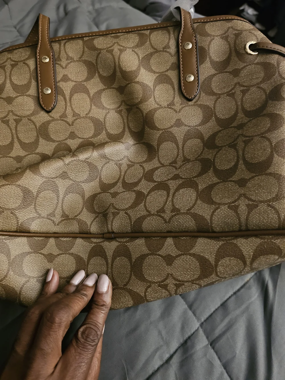 Coach Brown Signature Canvas Shoulder Tote with Tan Leather Trim